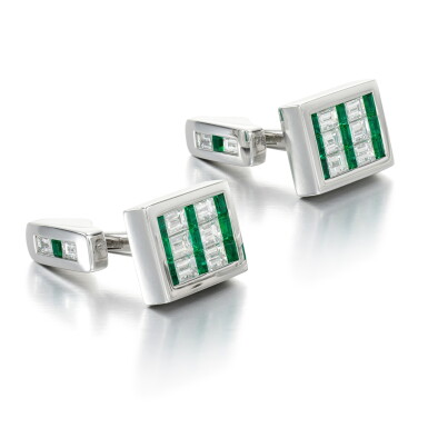 View full screen - View 1 of Lot 17. GRAFF | PAIR OF EMERALD AND DIAMOND CUFFLINKS.