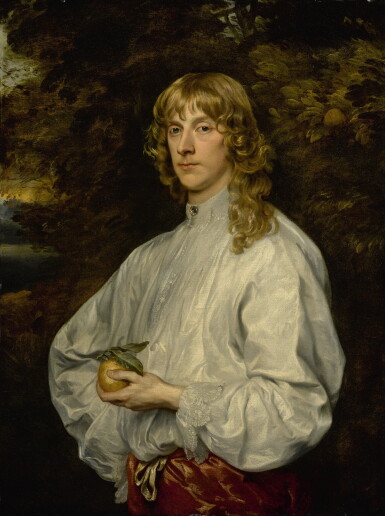 View full screen - View 1 of Lot 246. STUDIO OF SIR ANTHONY VAN DYCK | PORTRAIT OF JAMES STUART (1612 - 1655), FOURTH DUKE OF LENNOX AND FIRST DUKE OF RICHMOND, AS PARIS HOLDING AN APPLE, HALF-LENGTH.