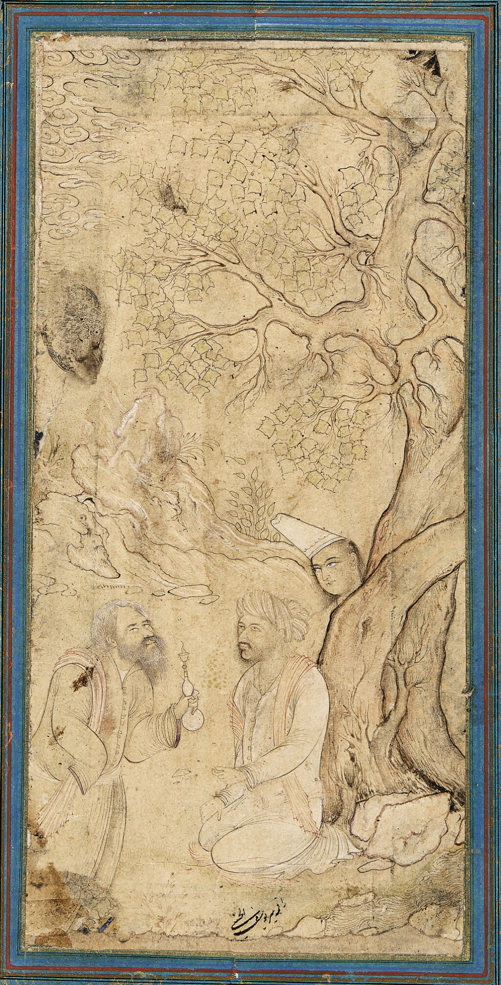 View full screen - View 1 of Lot 58. DERVISHES UNDER A TREE IN A ROCKY LANDSCAPE, ASCRIBED TO YUSUF AL-HUSAYNI, PERSIA, PROBABLY ISFAHAN, SAFAVID, MID-17TH CENTURY.
