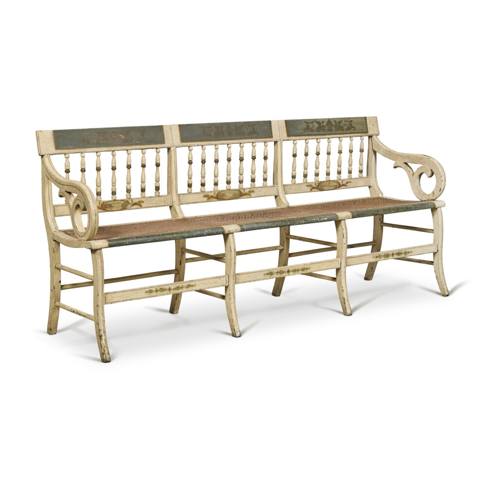 View full screen - View 1 of Lot 655. Rare Classical White and Polychrome Paint-Decorated Cane-Seat Settee, Baltimore, Maryland, Circa 1815.