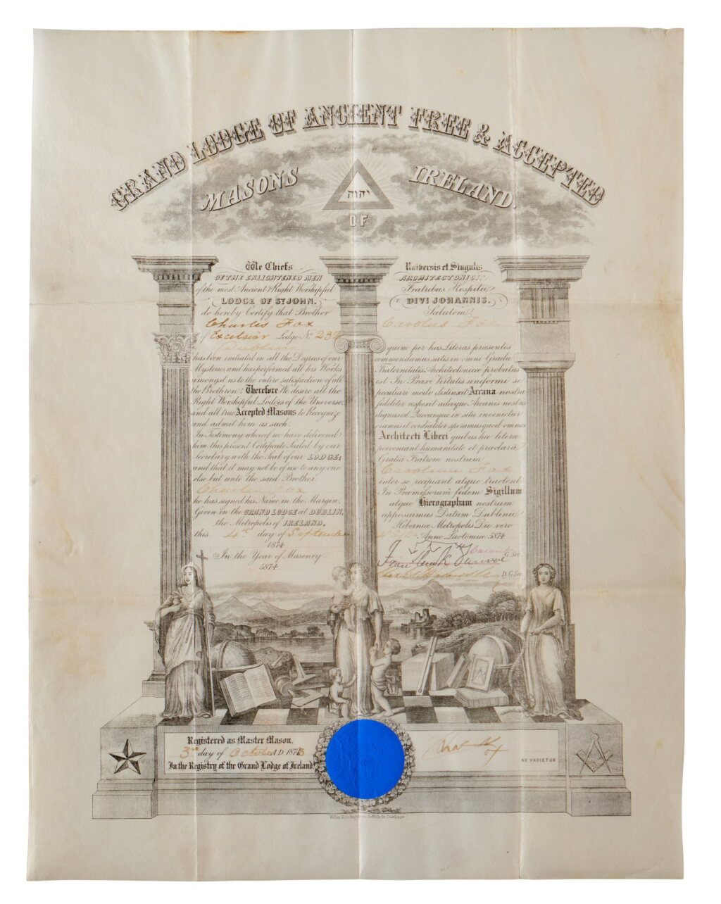 View full screen - View 1 of Lot 44. Irish Masonic acceptance document, 1875.
