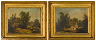 View full screen - View 1 of Lot 196. Cattle watering near houses; Two figures in a village.