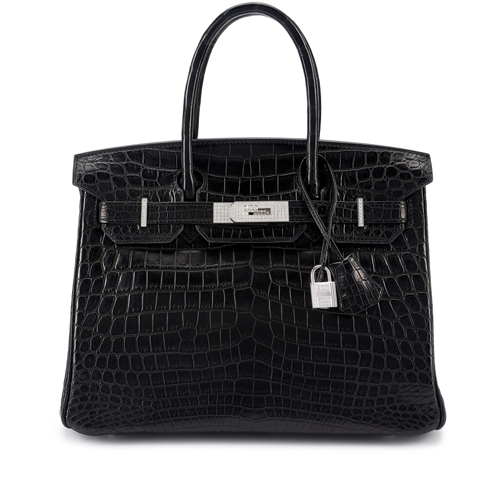View full screen - View 1 of Lot 115. Black Matte Niloticus Crocodile Birkin 30 18K White Gold and Diamond Hardware, 2006.