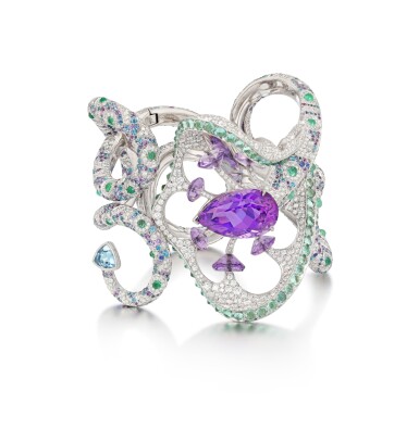 View full screen - View 1 of Lot 26. Lorenz Bäumer | Amethyst, emerald, sapphire, aquamarine and diamond bracelet, 'Raie Manta', 2009 | Bracelet améthystes, émeraudes, saphirs, diamants, aigues-marines "Raie Manta", 2009.