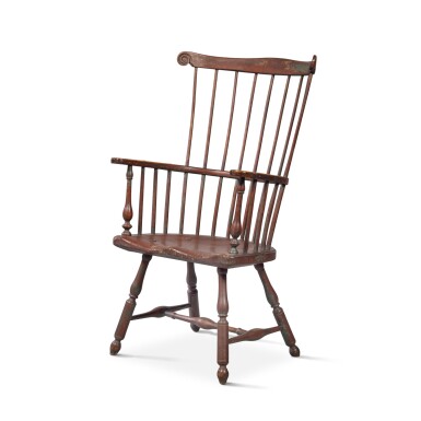View full screen - View 1 of Lot 74. A Red-Painted Scrolled-Eared Comb-Back Windsor Armchair, Philadelphia, Pennsylvania, circa 1770.