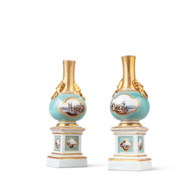 View full screen - View 1 of Lot 273. A pair of Fürstenberg porcelain seladon-ground miniature bottle vases, circa 1765.