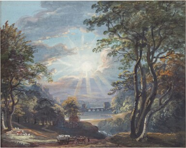 View full screen - View 1 of Lot 165. A wooded landscape with a setting sun.