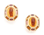 PAIR OF CITRINE AND RHODOLITE GARNET 'BYZANTINE' EARCLIPS, VERDURA