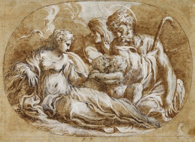 View full screen - View 1 of Lot 183. EMILIAN SCHOOL, 16TH CENTURY | THE HOLY FAMILY WITH ST. JOHN THE BAPTIST AND ST. ELIZABETH.