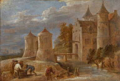 View full screen - View 1 of Lot 17. Landscape with fishermen beside a moated castle.