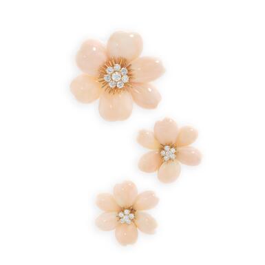 View full screen - View 1 of Lot 709. Coral and diamond, demi-parure, 'Rose de Noël'.