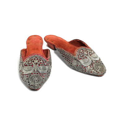 View full screen - View 1 of Lot 240. A pair of Ottoman Greek silver mounted slippers, Turkey, 18th century.