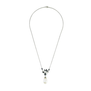 View full screen - View 1 of Lot 66. Natural pearl, sapphire and diamond pendant necklace.