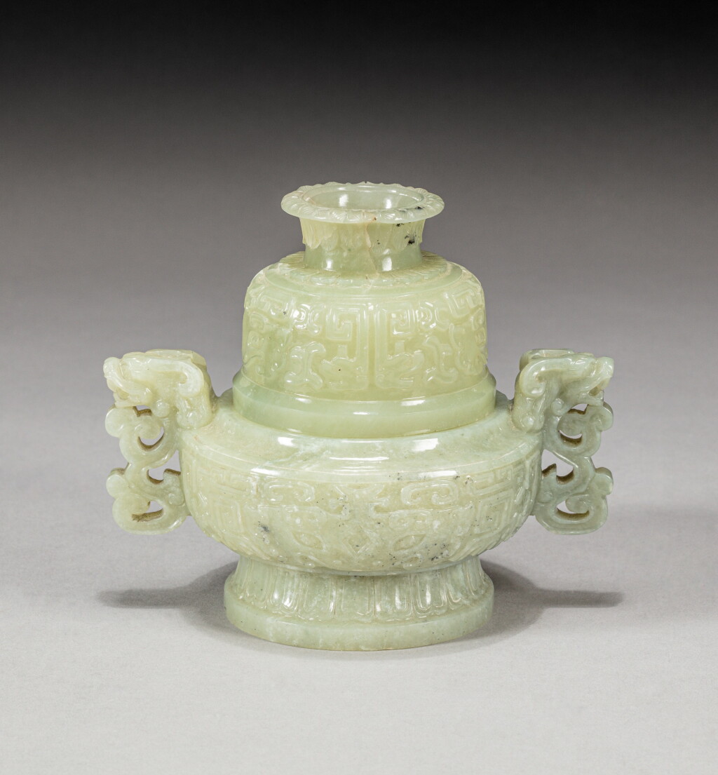 View full screen - View 1 of Lot 46. A celadon jade archaistic censer and cover, 20th century | 二十世纪 青白玉雕龍耳蓋爐.