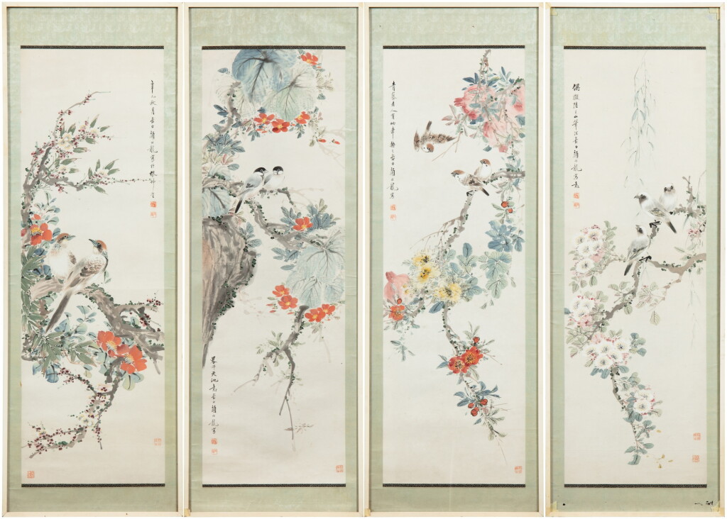 View full screen - View 1 of Lot 128. Yan Bolong (1898-1954), A group of four 'flower and bird' paintings, ink and colour on paper | 顏伯龍 (1898-1954) 花鳥圖一組四幀.