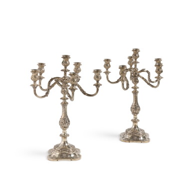 View full screen - View 1 of Lot 1107. A pair of German six-light silver candelabra, Robbe & Berking, Flensburg, circa 1890 .