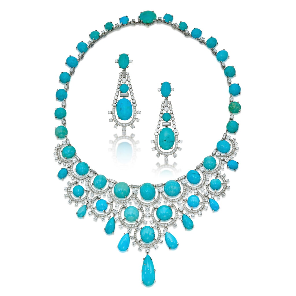 View full screen - View 1 of Lot 196. Turquoise and Diamond Necklace and Pair of Pendant-Earrings.