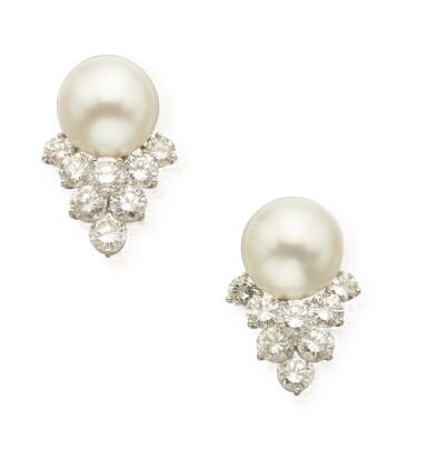 View full screen - View 1 of Lot 363. PAIR OF CULTURED PEARL AND DIAMOND EARCLIPS.