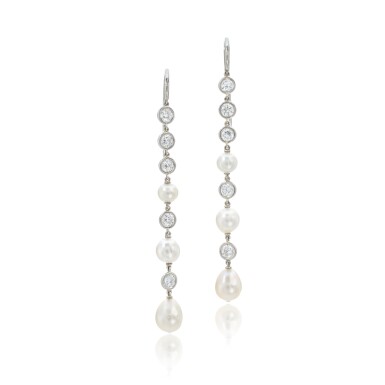 View full screen - View 1 of Lot 900. Pair of natural pearl and diamond pendent earrings.