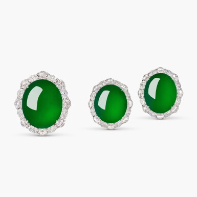 View full screen - View 1 of Lot 1795. Jadeite and Diamond Demi-Parure | 天然「緬甸」翡翠 配 鑽石 戒指 及 耳環套裝.