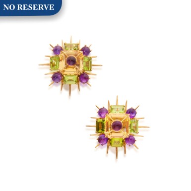 View full screen - View 1 of Lot 163. Pair of Citrine, Amethyst, and Peridot Earclips.