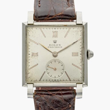 View full screen - View 1 of Lot 554. Reference 4572 Precision | A stainless steel rectangular wristwatch, Circa 1946.
