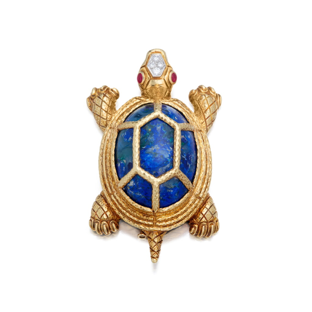 View full screen - View 1 of Lot 426. Gold, Azurmalachite, Diamond and Ruby 'Turtle' Clip-Brooch.