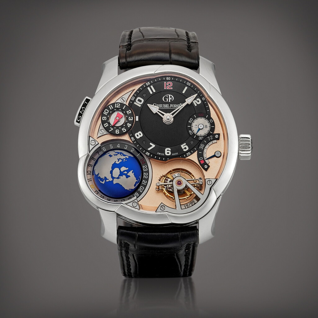 View full screen - View 1 of Lot 2258. GMT A limited edition platinum 25° inclined 24 seconds tourbillon, world time and dual time zone wristwatch with power reserve indication and three-dimensional globe, circa 2015 | Greubel Forsey | GMT | 限量版鉑金25°傾斜24秒陀飛輪、世界時間及兩地時間腕錶,備動力儲備顯示及立體地球儀,約2015年製.