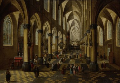 View full screen - View 1 of Lot 167. The Church of Saint Walburga in Antwerp, with a Mass being said, many figures, and a door open on the right.