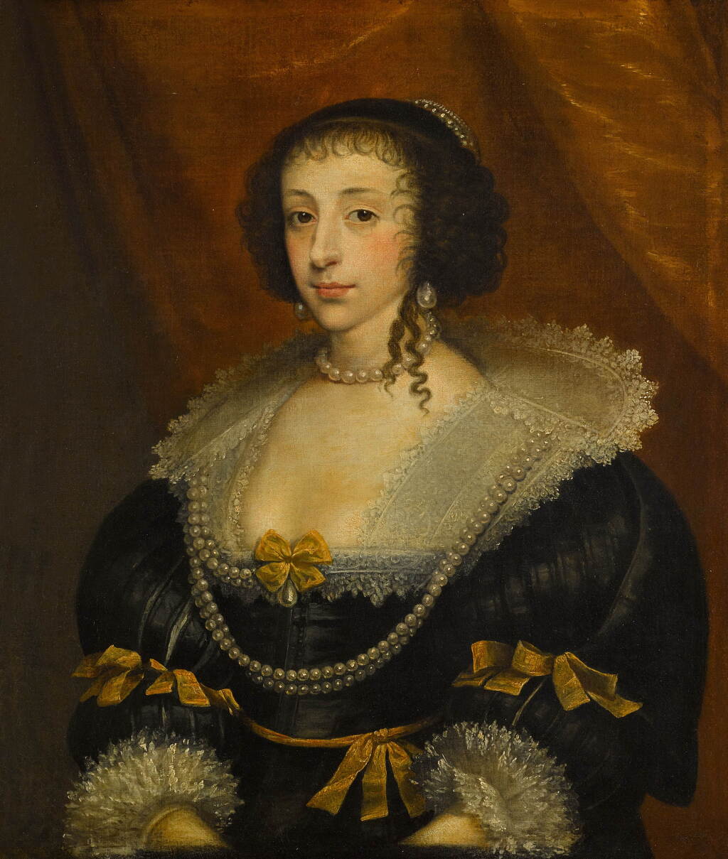 View full screen - View 1 of Lot 40. Portrait of Queen Henrietta Maria (1609–1669), half-length, wearing a black dress with a lace collar and cuffs.