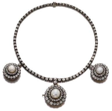 View full screen - View 1 of Lot 138. NATURAL PEARL AND DIAMOND NECKLACE, CIRCA 1880.