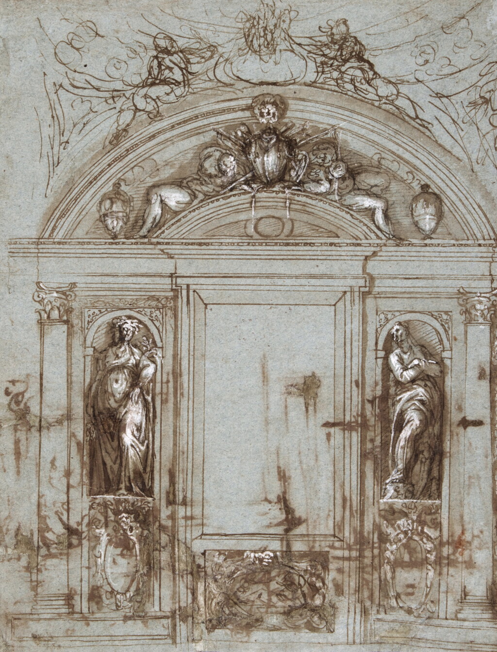 View full screen - View 1 of Lot 16. Recto: Design for an Altar, Verso: Design for a doorway surrounded by niches.