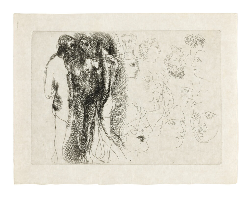 View full screen - View 1 of Lot 57. PABLO PICASSO | TROIS NU DEBOUT, AVEC ESQUISSES DE VISAGES (B. 90; BA. 131).