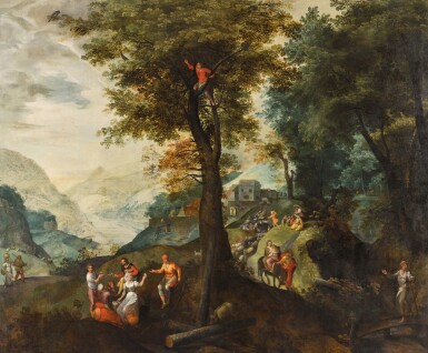 View full screen - View 1 of Lot 617. Extensive wooded landscape with travellers, shepherds tending their flock and the Flight into Egypt, a valley beyond.