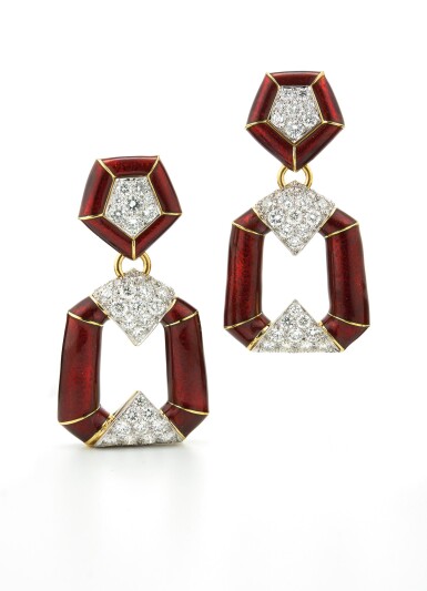 View full screen - View 1 of Lot 6. DAVID WEBB | PAIR OF ENAMEL AND DIAMOND 'BAMBOO' EARCLIPS.