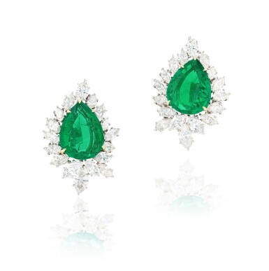 View full screen - View 1 of Lot 62. Pair of emerald and diamond ear clips | Paire de clips émeraudes et diamants.