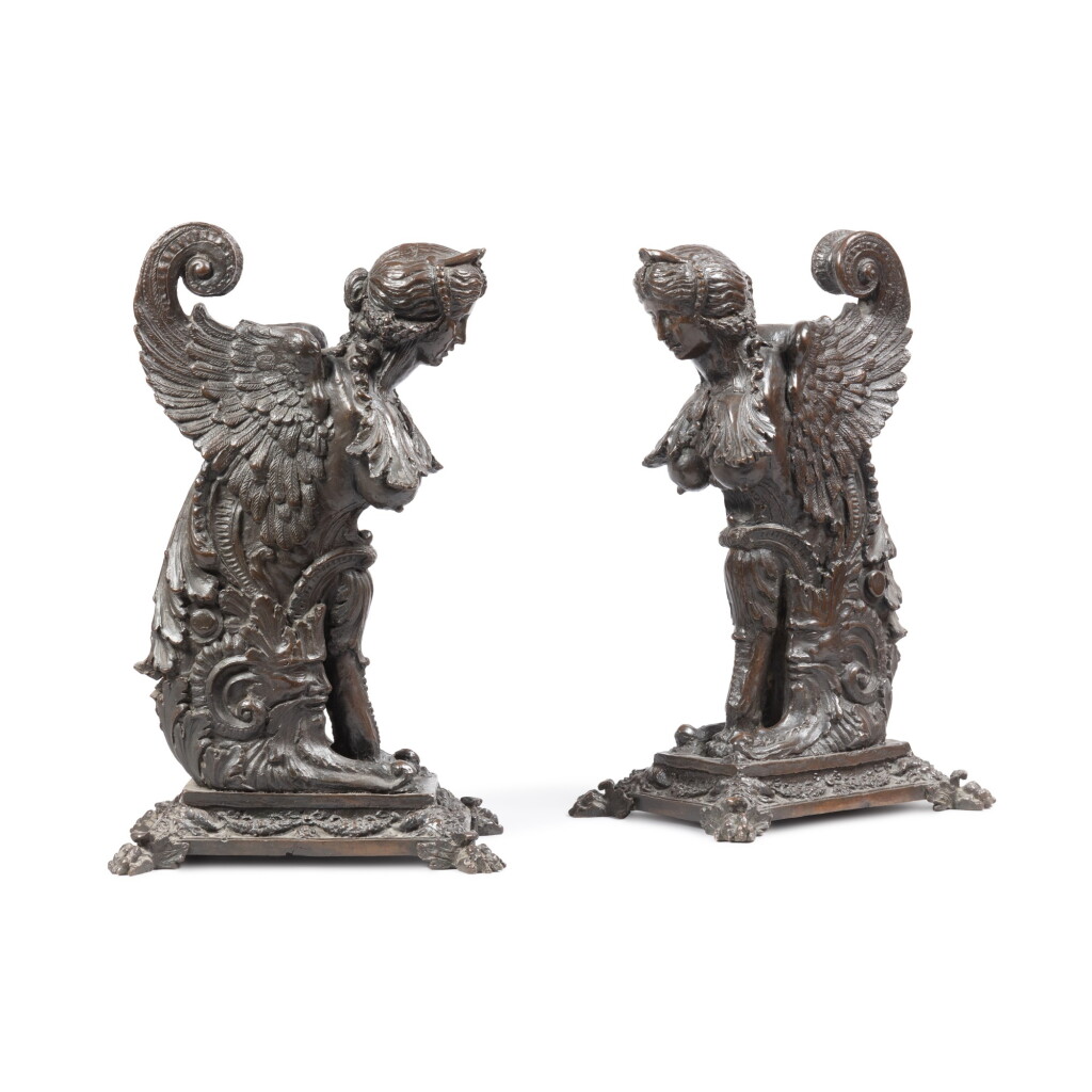 View full screen - View 1 of Lot 24. Italian, Venetian, 19th century, after Andrea Riccio (1470-1532), A pair of sphinxes | Italie, Venise, XIXe siècle, d'après le modèle d'Andrea Riccio (1470-1532), Paire de sphinx.