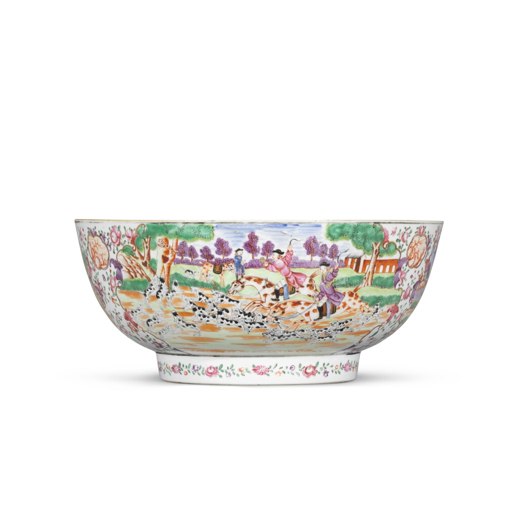 View full screen - View 1 of Lot 275. A famille-rose 'hunting scene' punch bowl, Qing dynasty, Qianlong period.