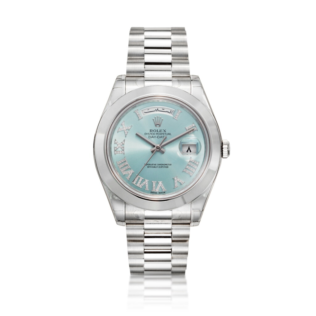 View full screen - View 1 of Lot 110. Day-Date II ‘Royal Khanjar’, Reference 218206 | A platinum and diamond-set wristwatch with Arabic day, date and bracelet made for the Sultan of Oman | Circa 2012.