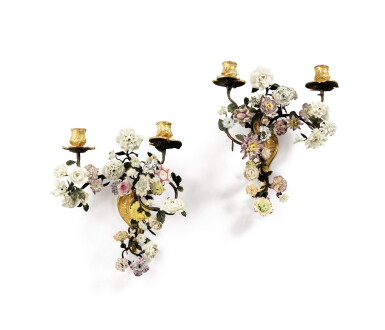 View full screen - View 1 of Lot 175. A pair of Louis XV gilt-bronze, tole-peinte and porcelain wall appliques, circa 1745,.