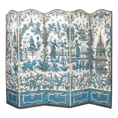 View full screen - View 1 of Lot 42. A LOUIS XV FIVE-FOLD BLUE AND WHITE CHINOISERIE WALLPAPER SCREEN, THE WALLPAPER 18TH CENTURY.