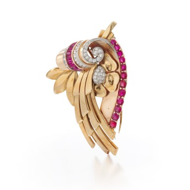 View full screen - View 1 of Lot 74. Boucheron, ruby and diamond brooch, (Boucheron, spilla in rubini e diamanti).