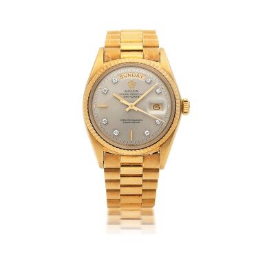 View full screen - View 1 of Lot 905. ROLEX | DAY-DATE, REF 1803 YELLOW GOLD AND DIAMOND-SET WRISTWATCH WITH DAY, DATE AND BRACELET CIRCA 1970.