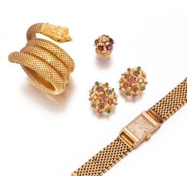 View full screen - View 1 of Lot 39. Collection of gem-set jewels and a wristwatch, Patek Philippe (Collezione di gioielli e un orologio Patek Philippe).