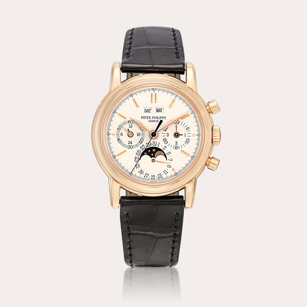 View full screen - View 1 of Lot 2272. Reference 3970E, 2nd Series | A pink gold perpetual calendar chronograph wristwatch with moon phases, 24 hours and leap year indication, Made in 1990.