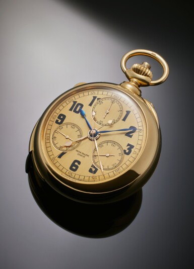 View full screen - View 1 of Lot 33. An Extraordinary Discovery: Patek Philippe’s John Motley Morehead Double Movement Minute Repeating Split Seconds chronograph with register, two sets of hour and minute hands, and a pair of constant seconds dials, The only known Patek Philippe with 6 hands rotating from the center, Mvt. 197890, Case 410655, Made in 1924 and Sold in 1925 .
