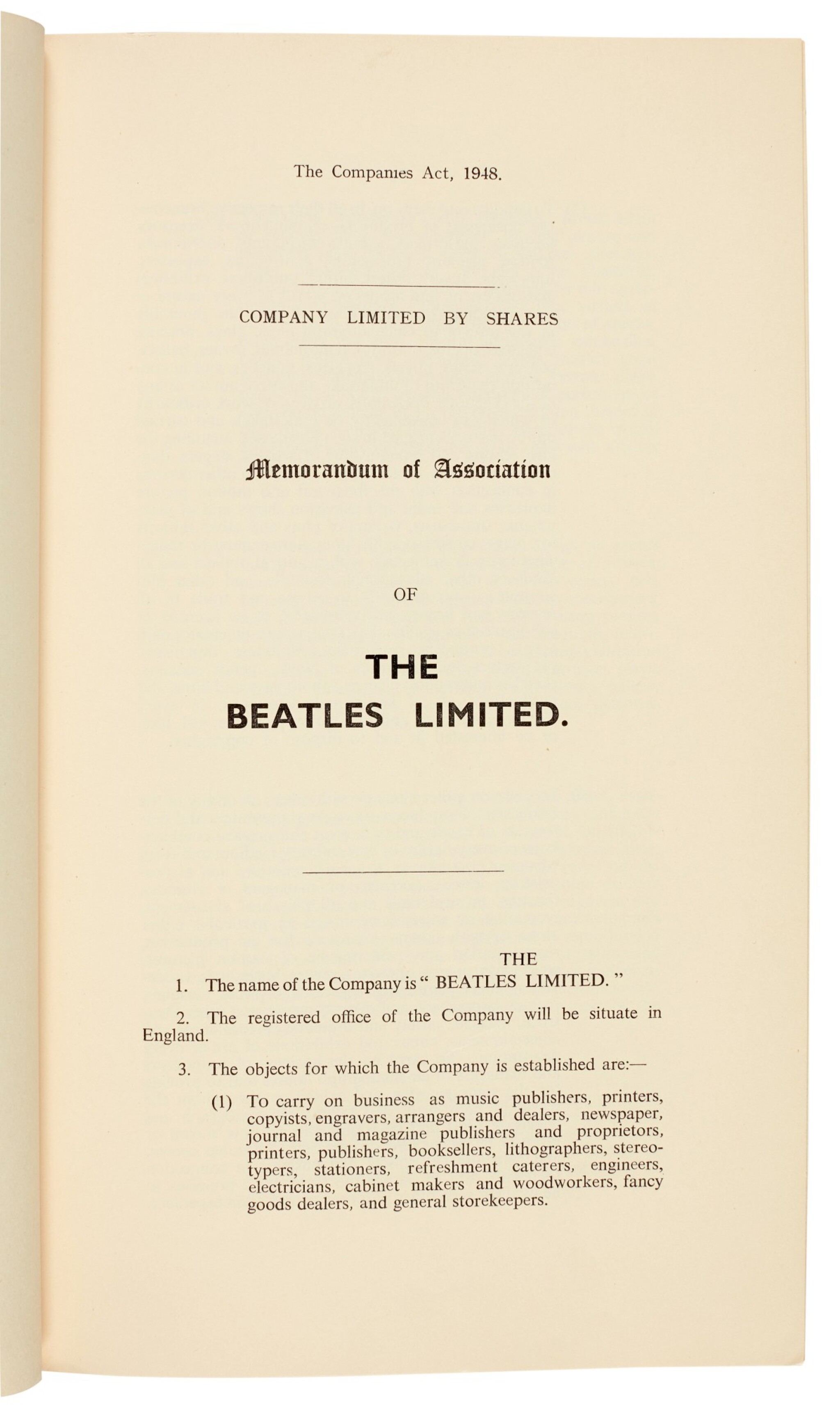 The Beatles Memorandum And Articles Of Association Of The Beatles Limited 1963 The Beatles 2020 Sotheby S