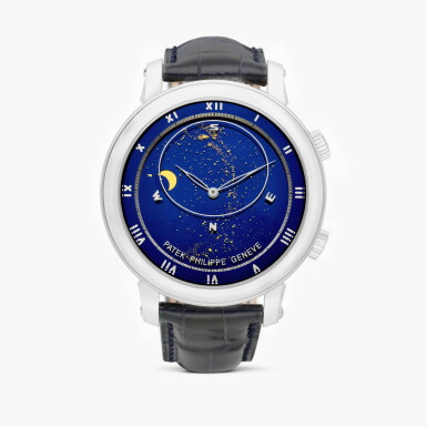 View full screen - View 1 of Lot 2412. Celestial, Reference 5102, Likely a pre-production model | A rare white gold astronomical wristwatch with sky chart, phases and orbit of the moon, including time of meridian passage of Sirius and the moon, likely a pre-production model, Circa 2002.