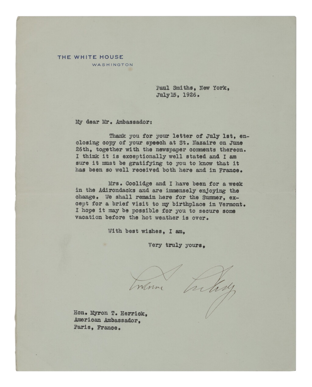 View full screen - View 1 of Lot 17. Coolidge, Calvin | Calvin Coolidge congratulates Myron Herrick, the U.S. Ambassador to France, on his speech at Saint-Nazaire, defending the Mellon-Bérenger Accord.