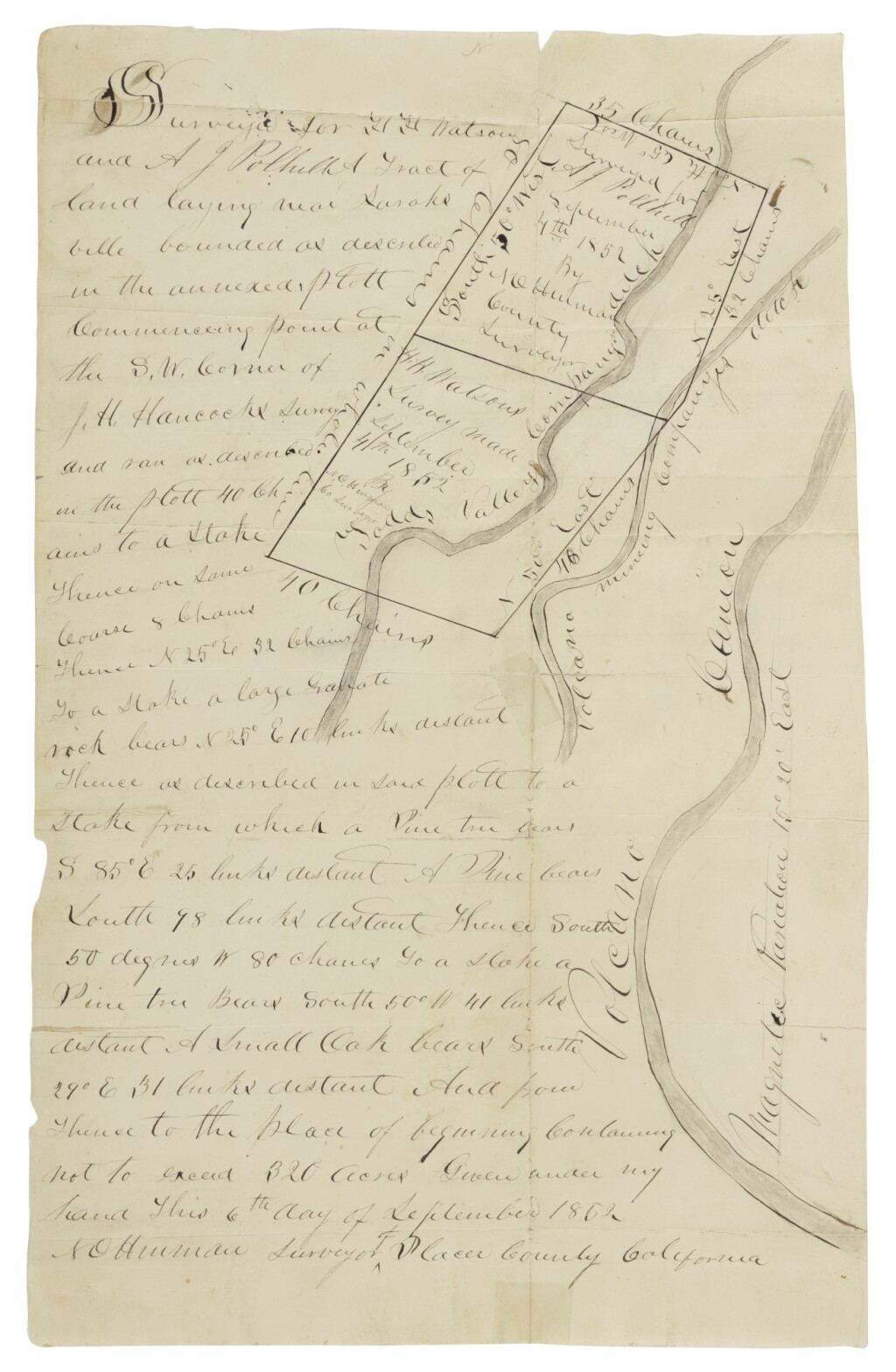 View full screen - View 1 of Lot 47. (GOLD RUSH) | Manuscript Gold Rush map, being a survey for the adjoining plots of land belonging to H.H.Watson and A.J. Polhill, Placer County, California, 1852.